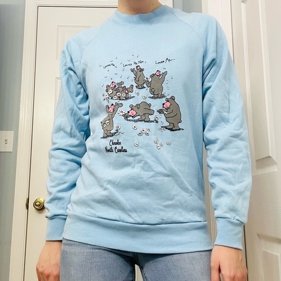 Vintage Sweatshirt Long Sleeve Crew Neck Pastel Blue Bear Graphic Kawaii Small - Picture 8 of 8